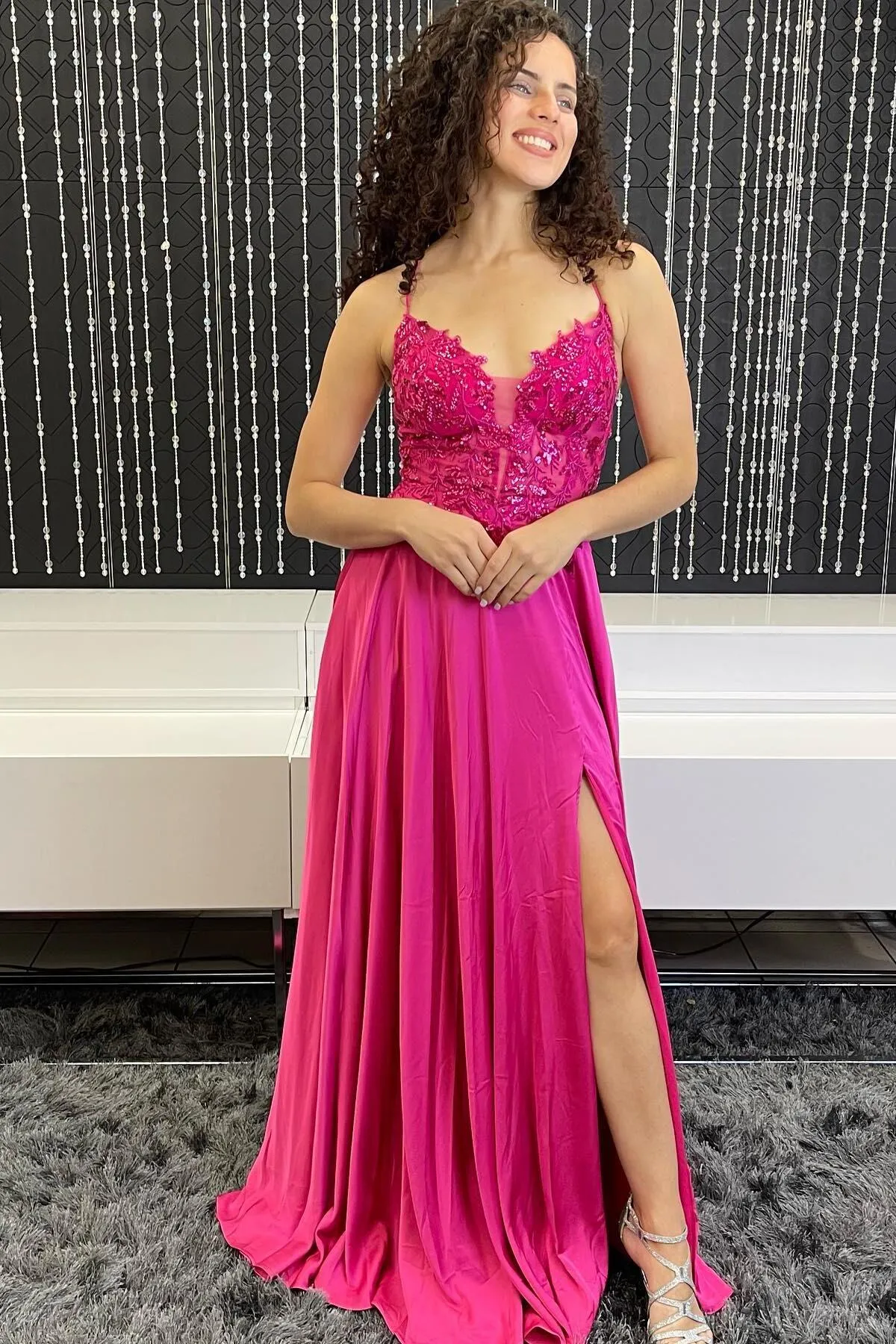 Fuchsia Appliques A-line Long Formal Dress