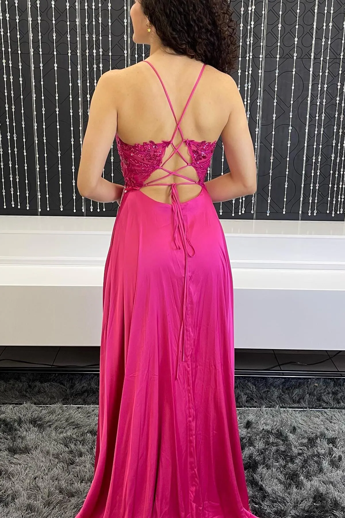 Fuchsia Appliques A-line Long Formal Dress