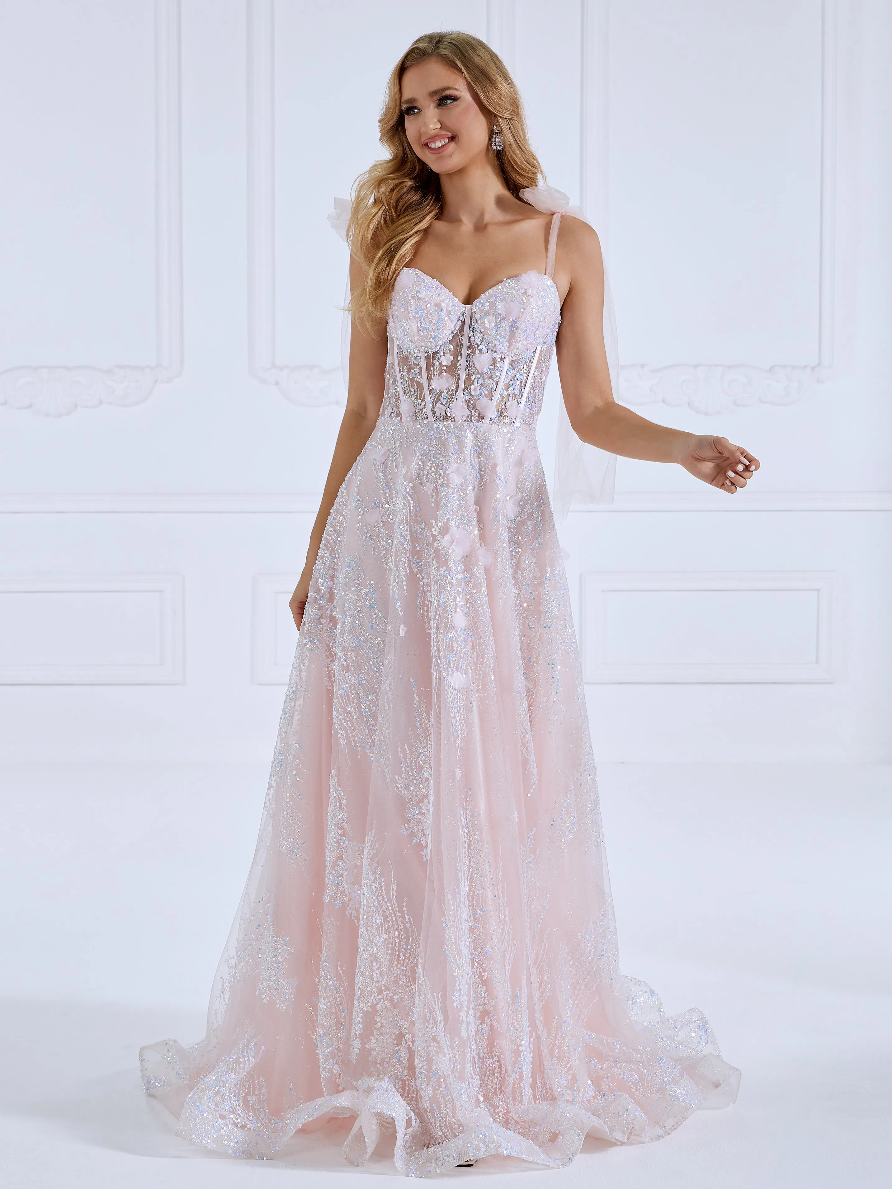 Glittle Tulle Appliques Pink Prom Dresses Sweetheart Tie Straps Formal Party Gowns #18079