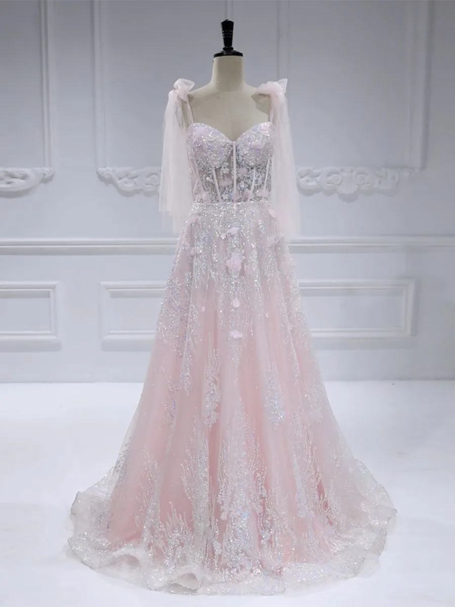 Glittle Tulle Appliques Pink Prom Dresses Sweetheart Tie Straps Formal Party Gowns #18079
