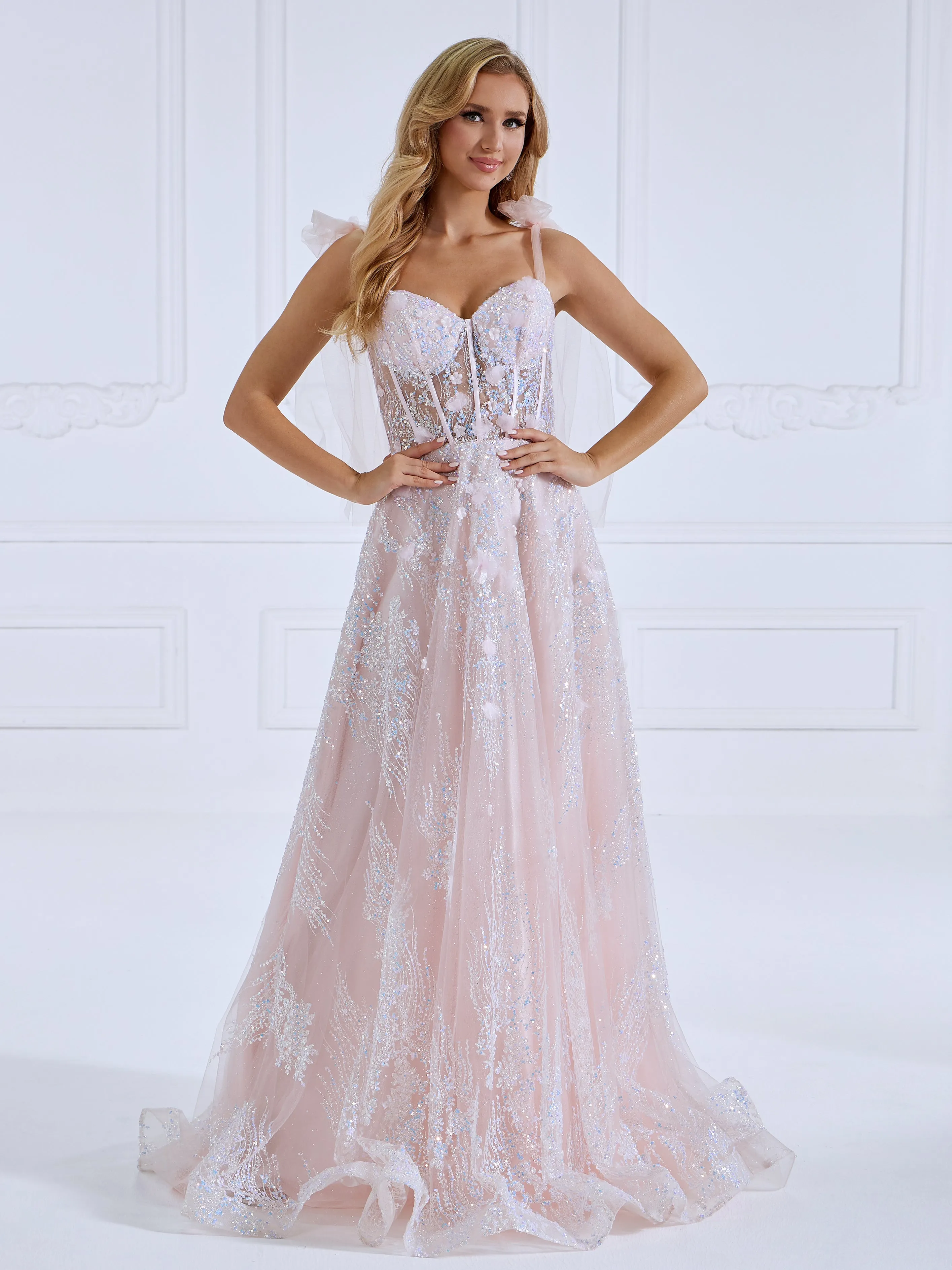 Glittle Tulle Appliques Pink Prom Dresses Sweetheart Tie Straps Formal Party Gowns #18079