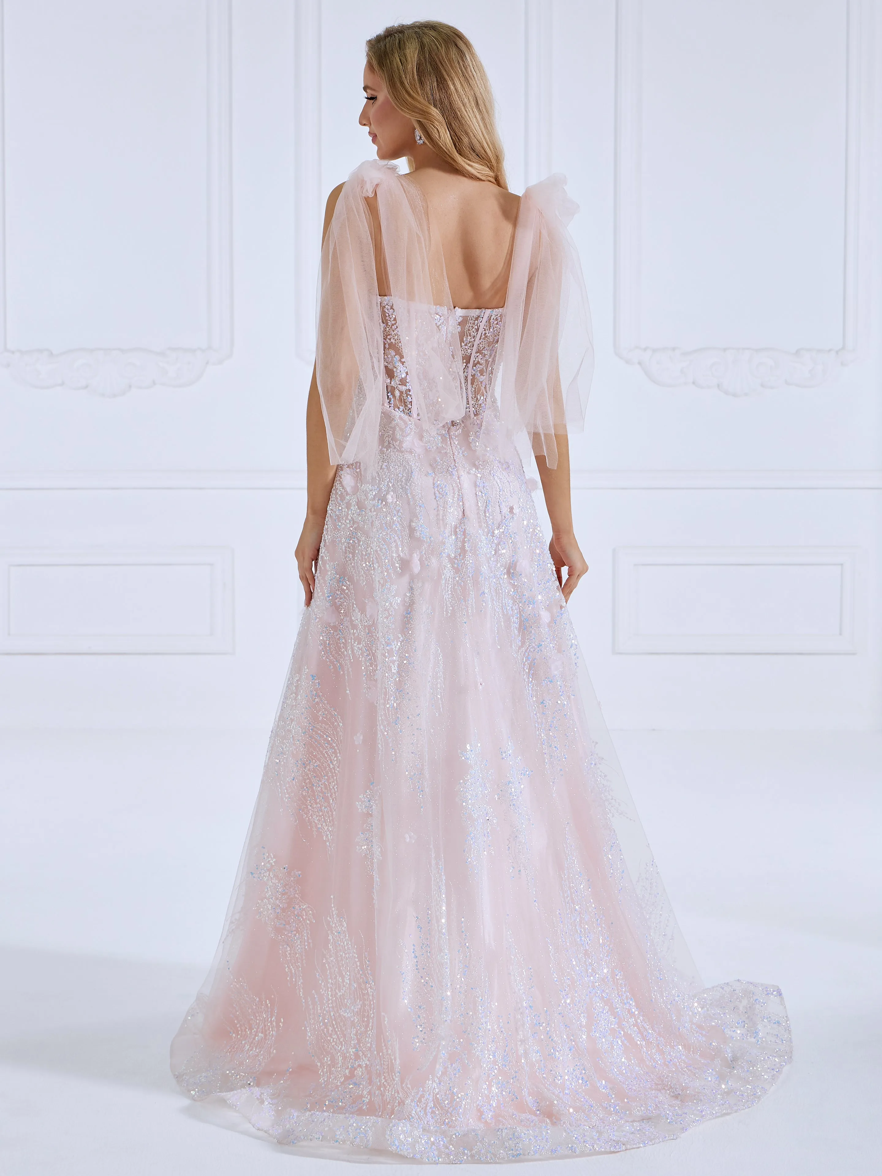 Glittle Tulle Appliques Pink Prom Dresses Sweetheart Tie Straps Formal Party Gowns #18079
