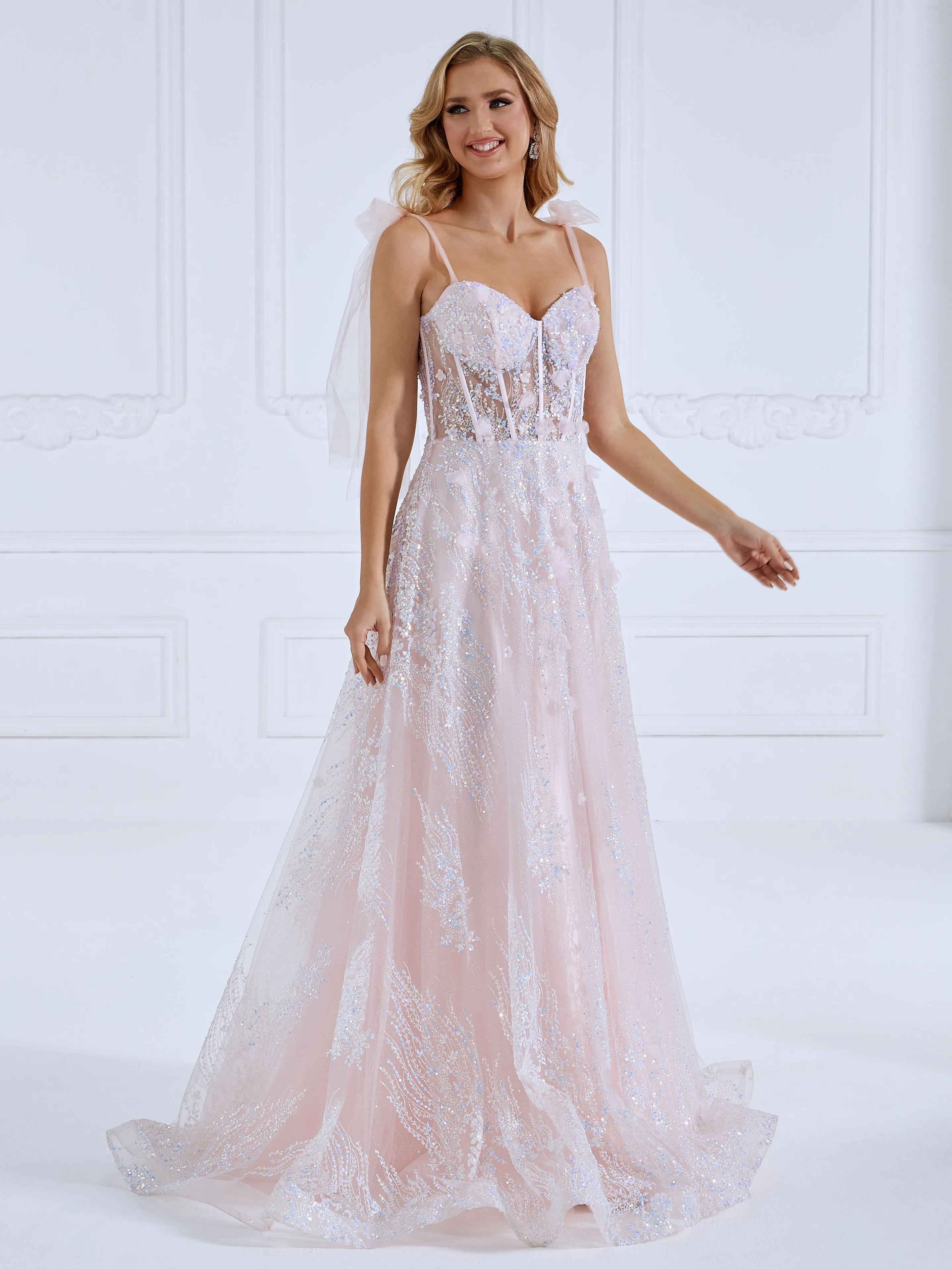 Glittle Tulle Appliques Pink Prom Dresses Sweetheart Tie Straps Formal Party Gowns #18079