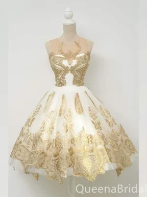 Gold Popular Appliques A-line Graduation Party Short Homecoming Dresses, QB0772