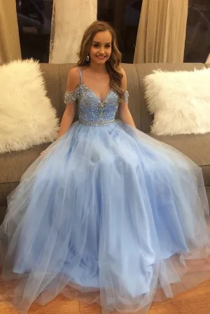 Gorgeous Beading Blue Tulle Long A Line Puffy Prom Dresses,Graduation Dress OK825