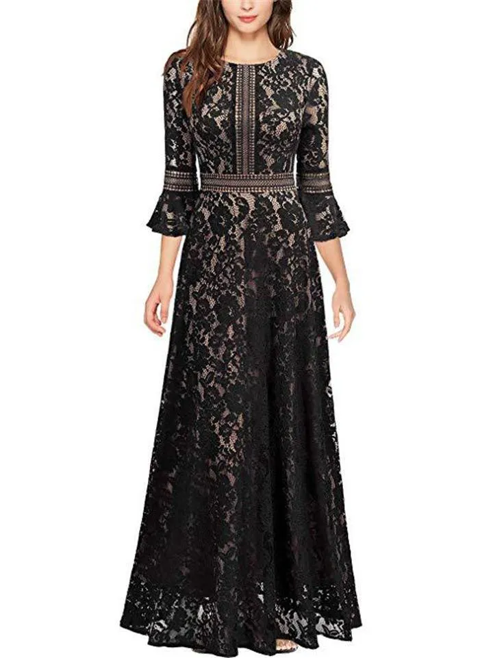 Gorgeous Fitted Waist Flared Sleeve Floral Lace Dress for Evening