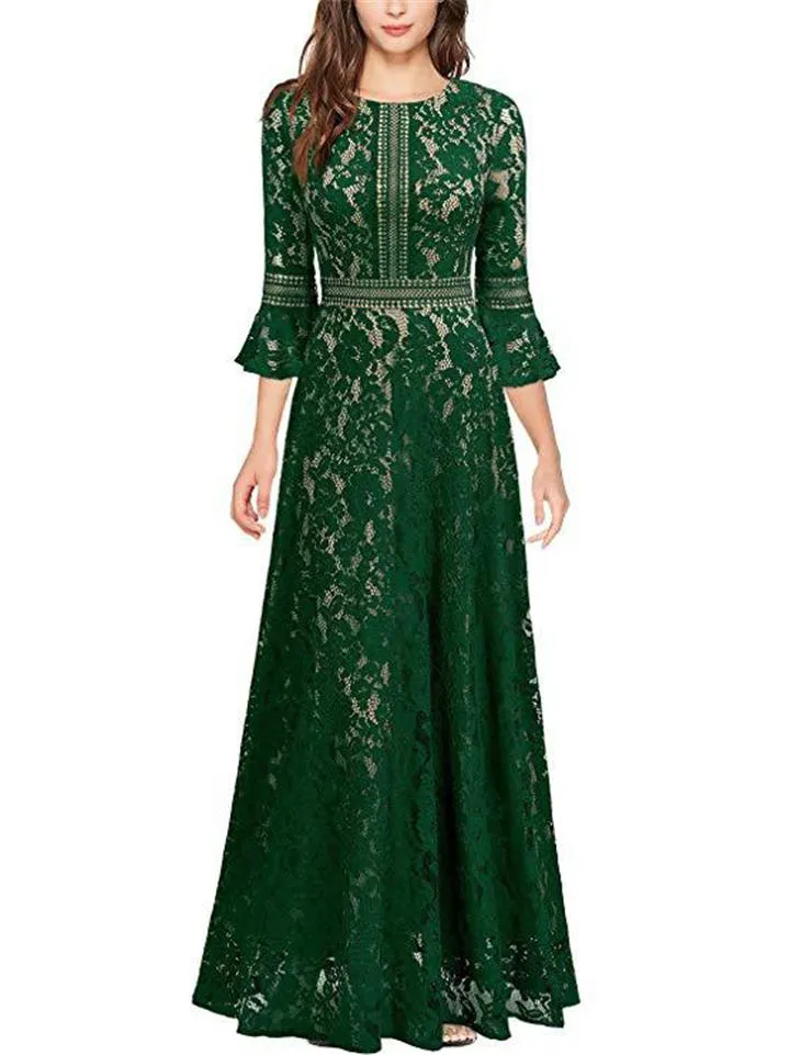 Gorgeous Fitted Waist Flared Sleeve Floral Lace Dress for Evening