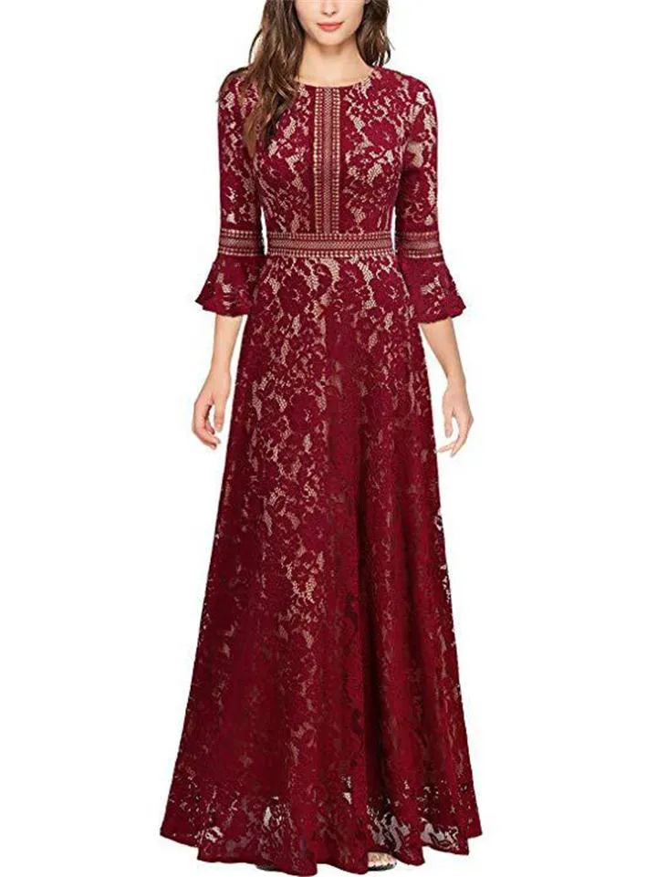 Gorgeous Fitted Waist Flared Sleeve Floral Lace Dress for Evening