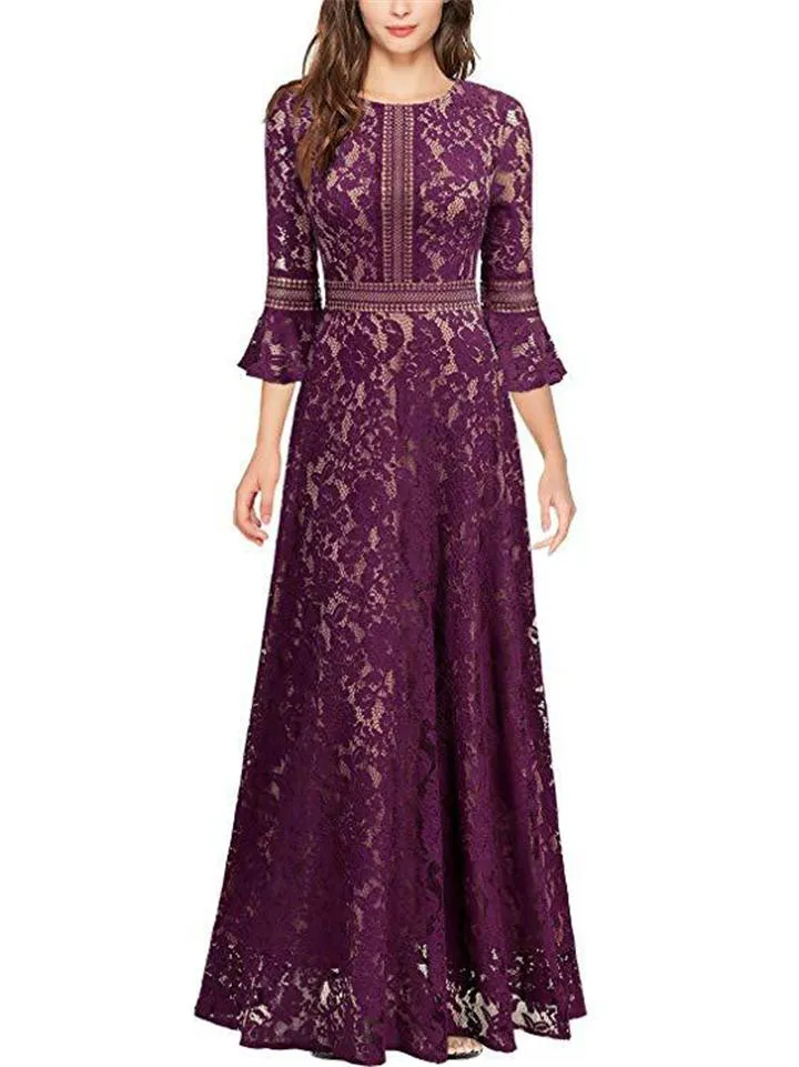Gorgeous Fitted Waist Flared Sleeve Floral Lace Dress for Evening