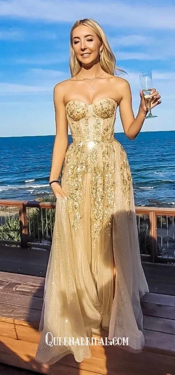 Gorgeous Sweetheart Strapless Gold Appliques Tulle A-line Evening Gowns Prom Dresses , QBP018