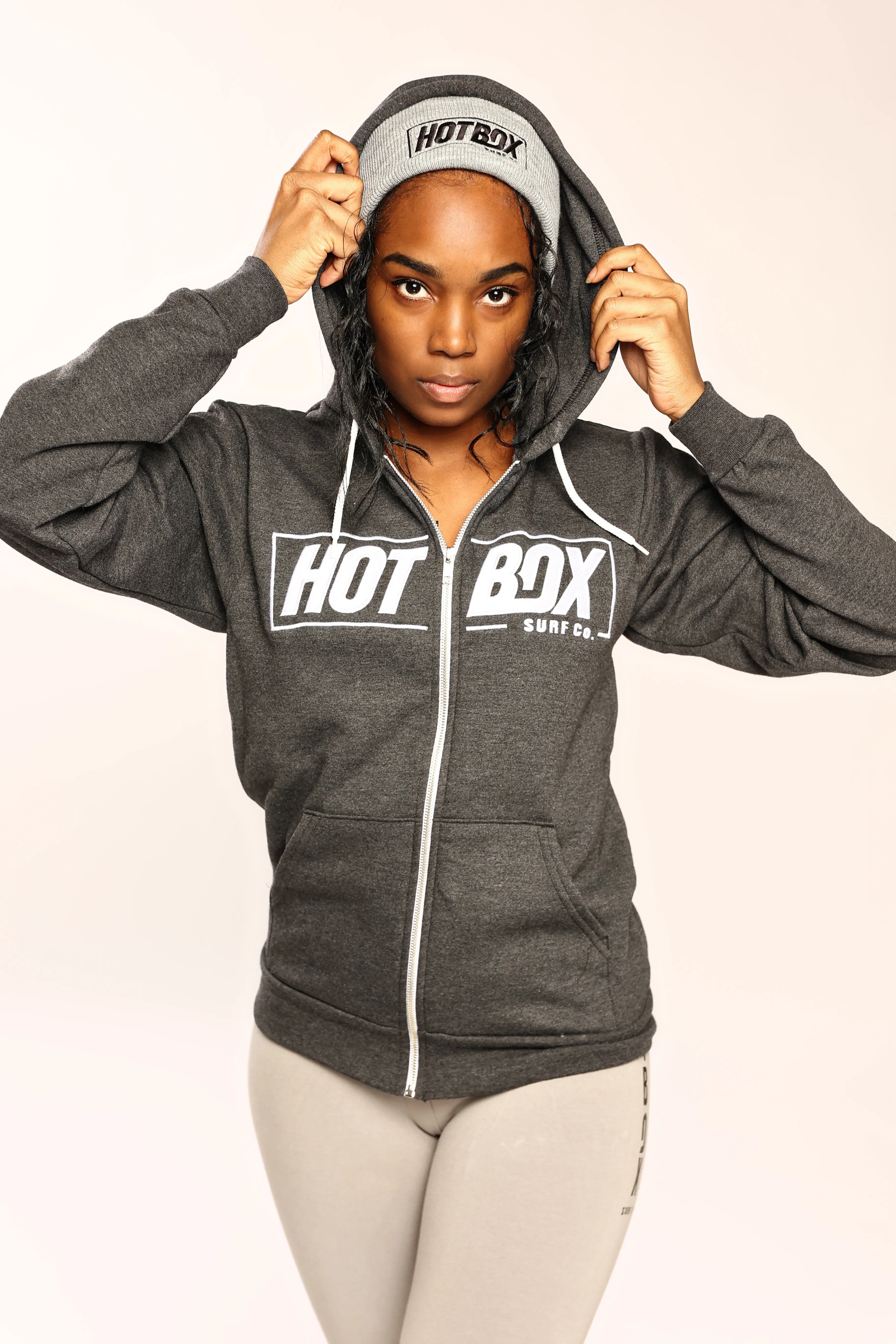 Gray Front Zip Hoodie with Yoga Pant and Beanie Hat Set