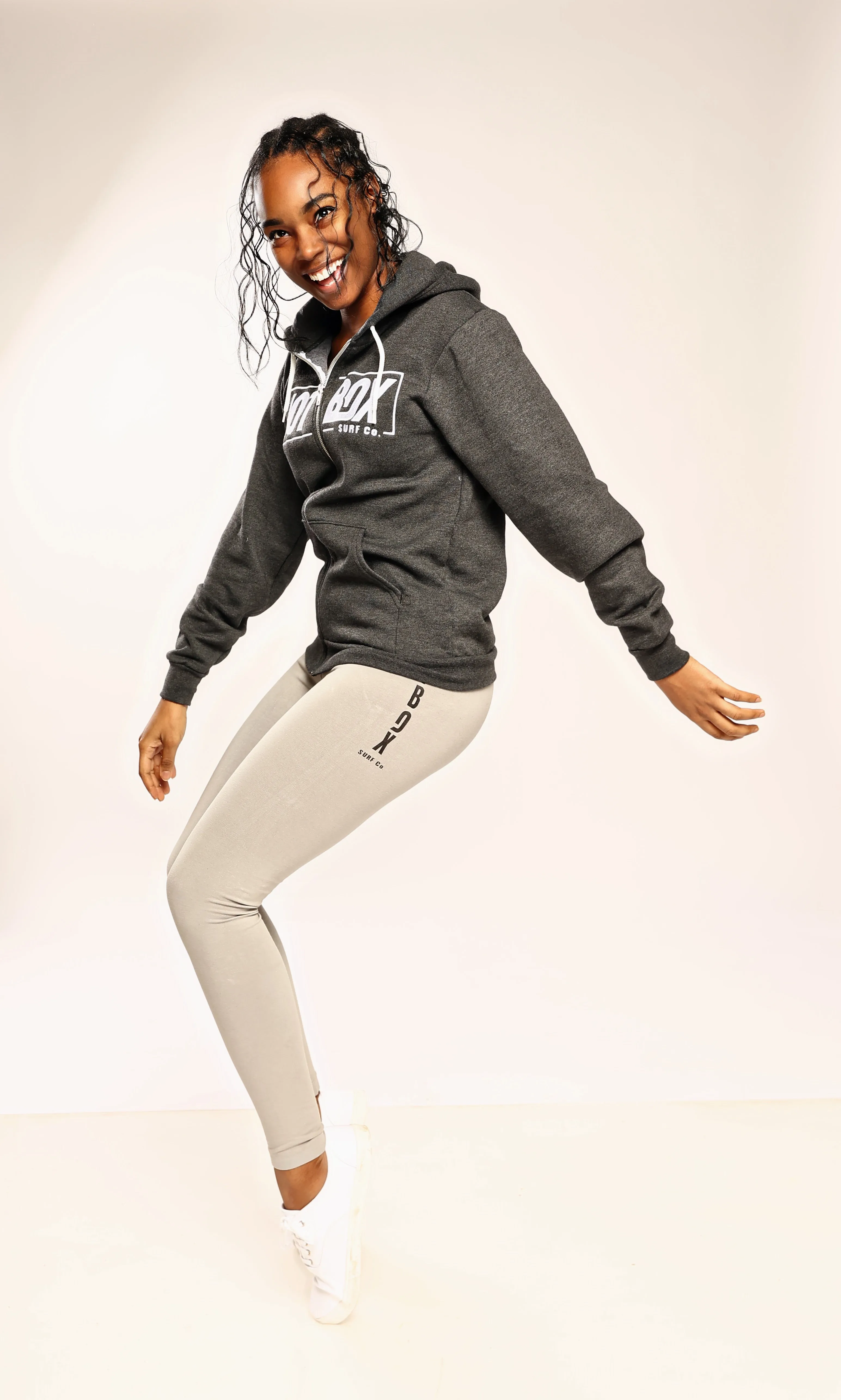 Gray Front Zip Hoodie with Yoga Pant and Beanie Hat Set