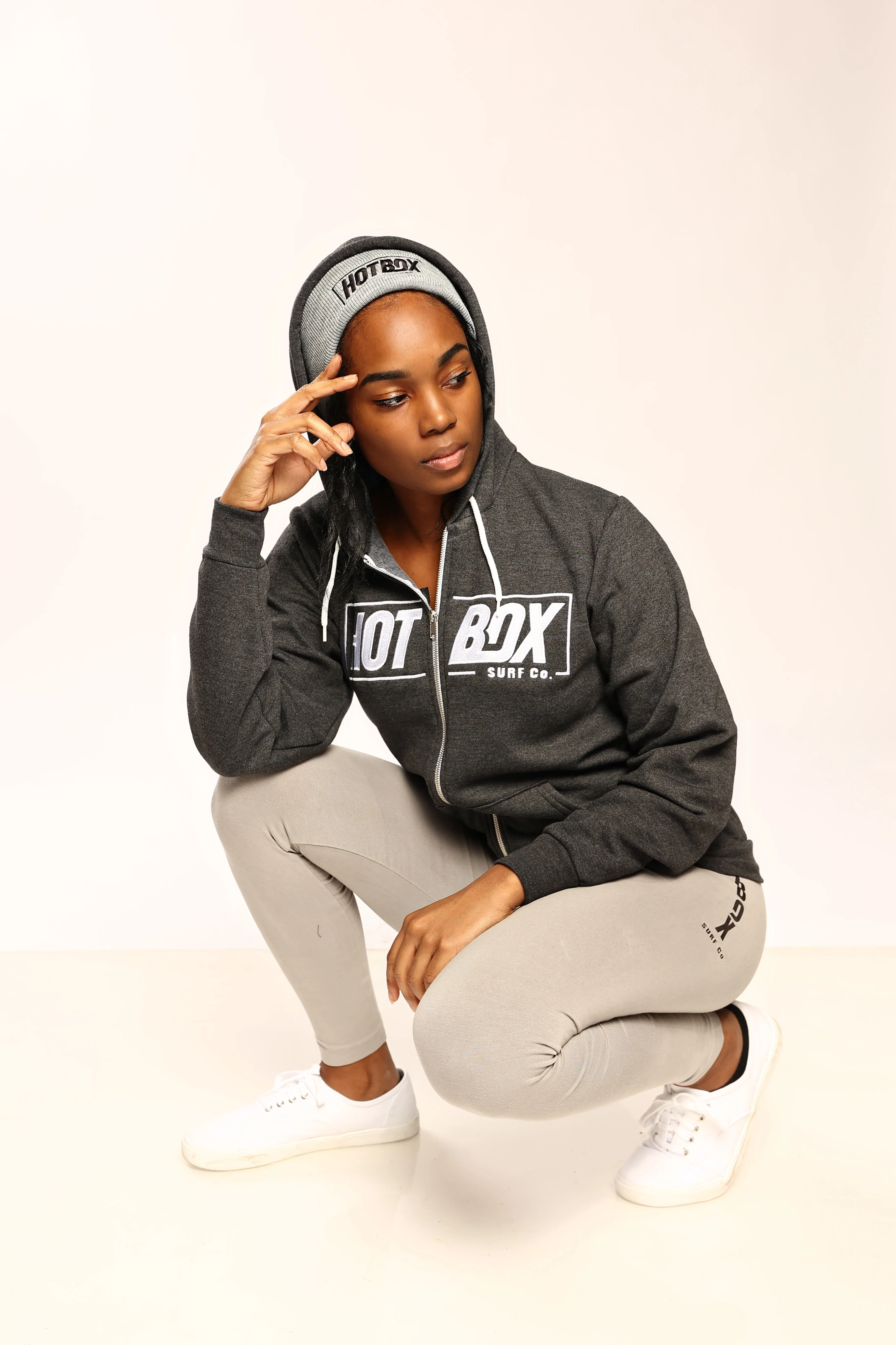 Gray Front Zip Hoodie with Yoga Pant and Beanie Hat Set