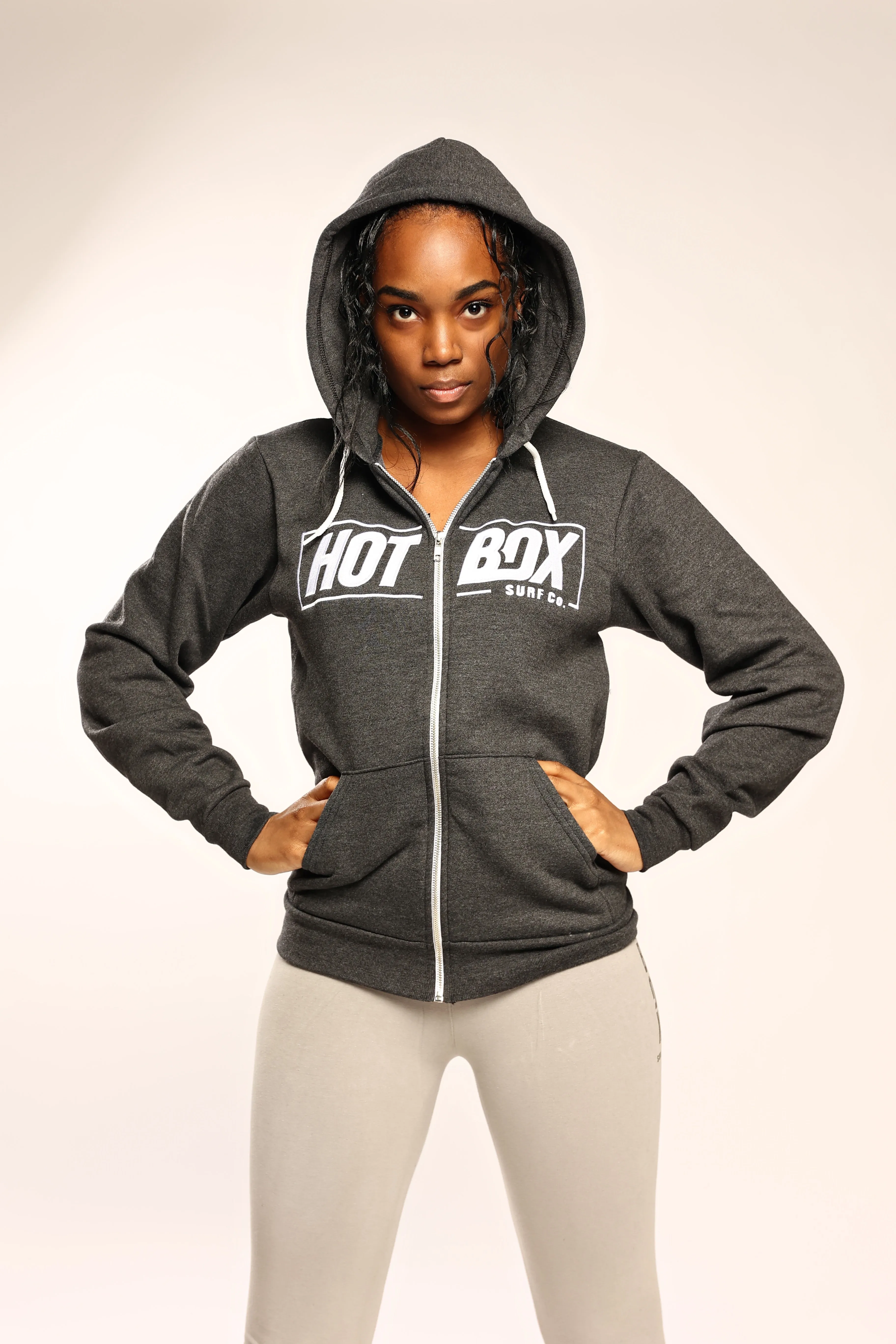 Gray Front Zip Hoodie with Yoga Pant and Beanie Hat Set