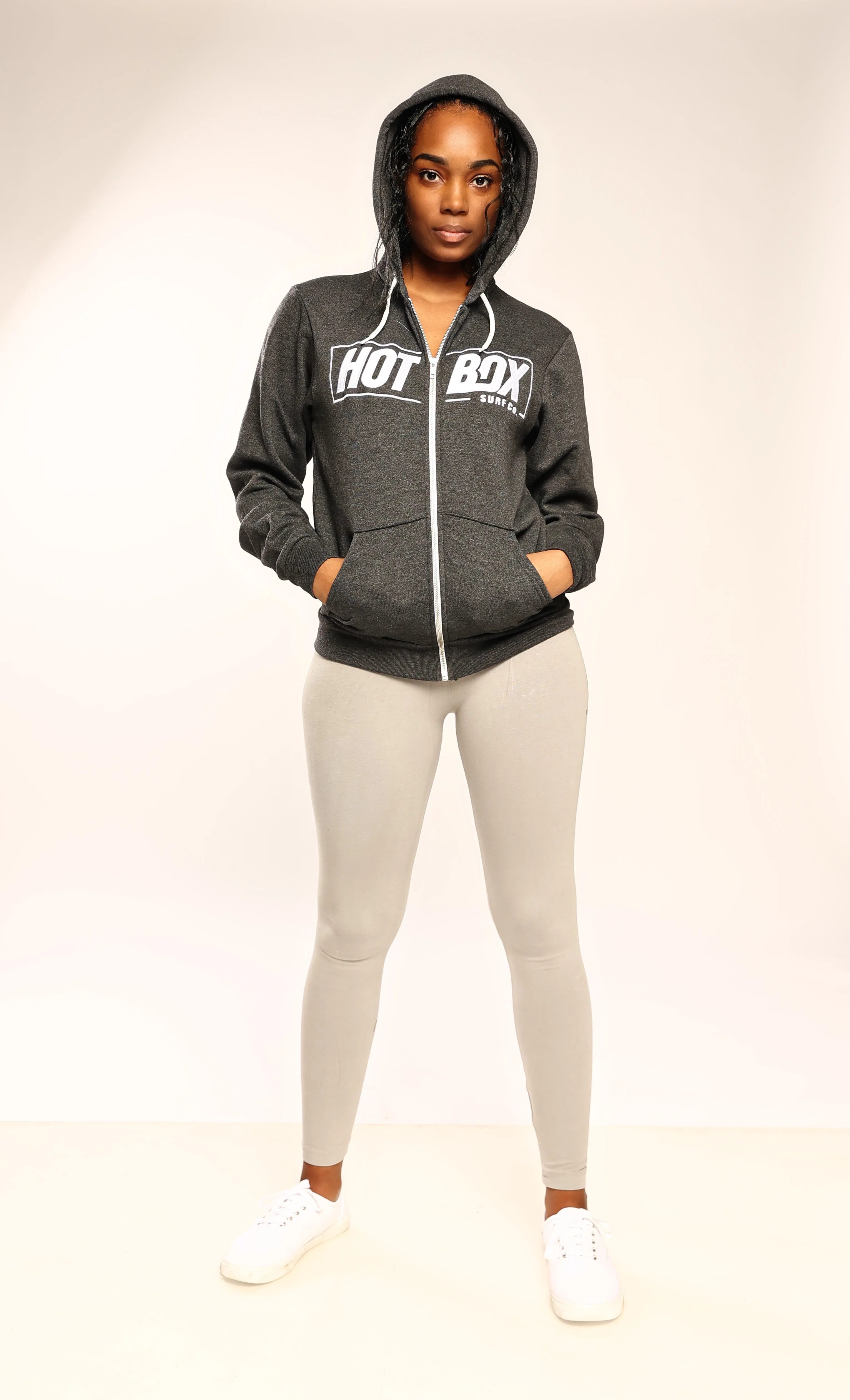 Gray Front Zip Hoodie with Yoga Pant and Beanie Hat Set