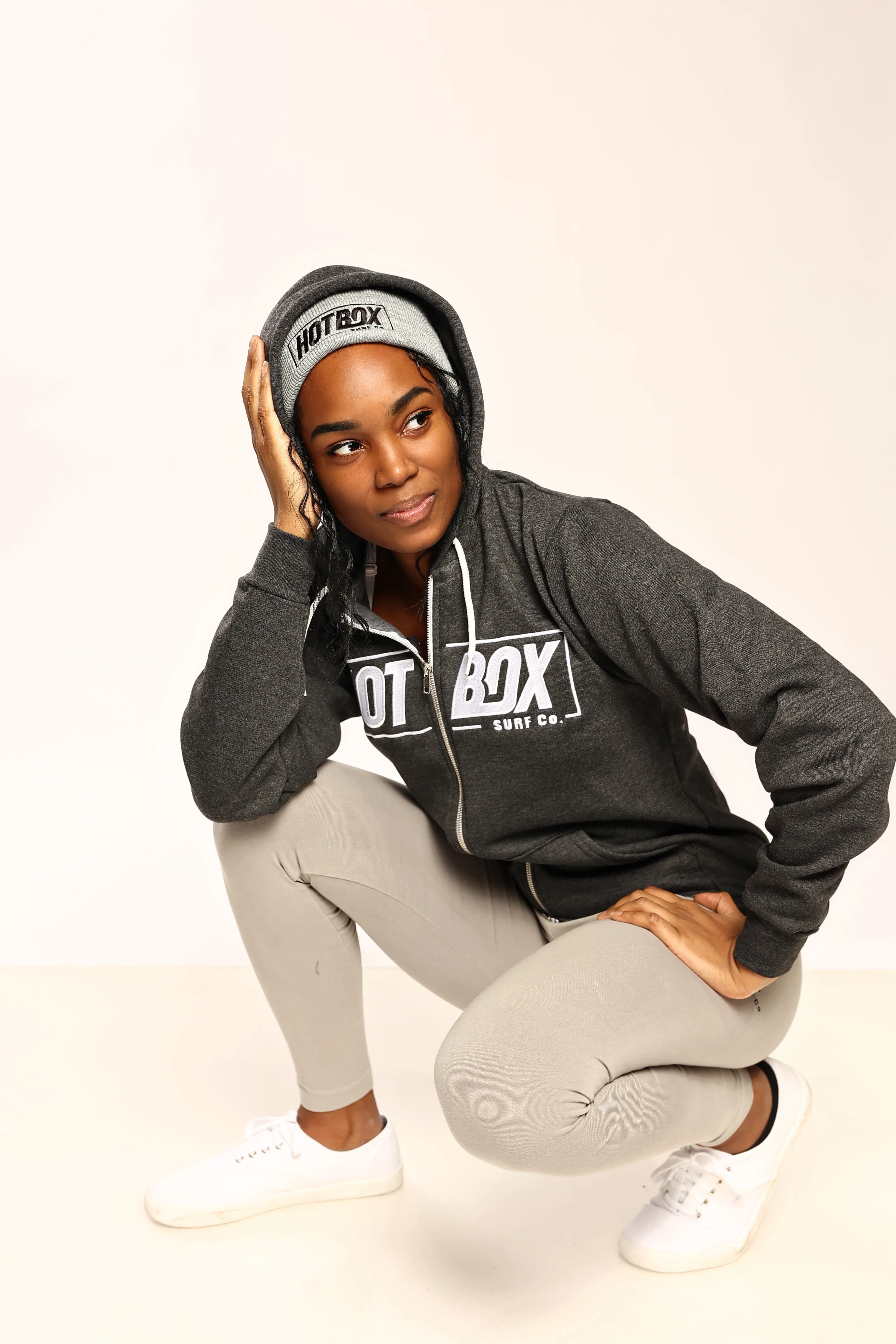 Gray Front Zip Hoodie with Yoga Pant and Beanie Hat Set