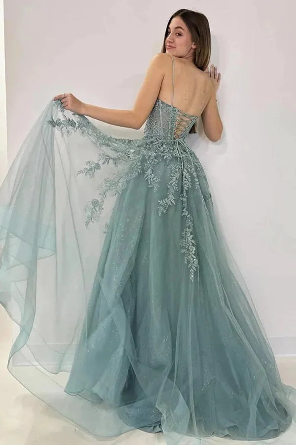 Gray Green Tulle A-line Lace Appliques Prom Dresses, Evening Gown, SLP013