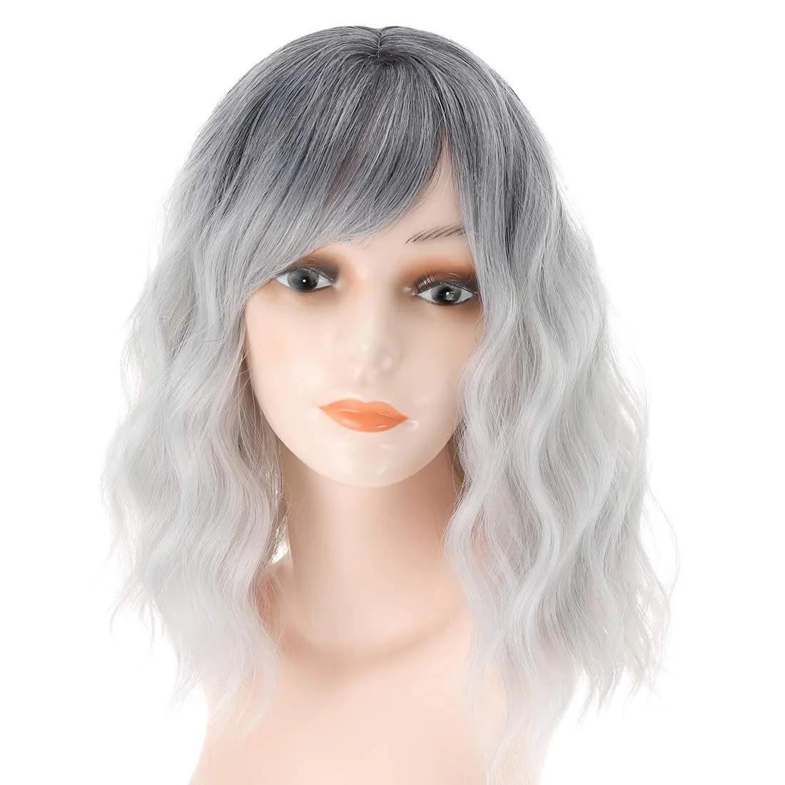 Gray Natural Looking Wavy Synthetic Bob Wig Shoulder Length With Bangs (T1b/gray) |  Premium Heat Resistant Fiber | Perfect for Daily Wear