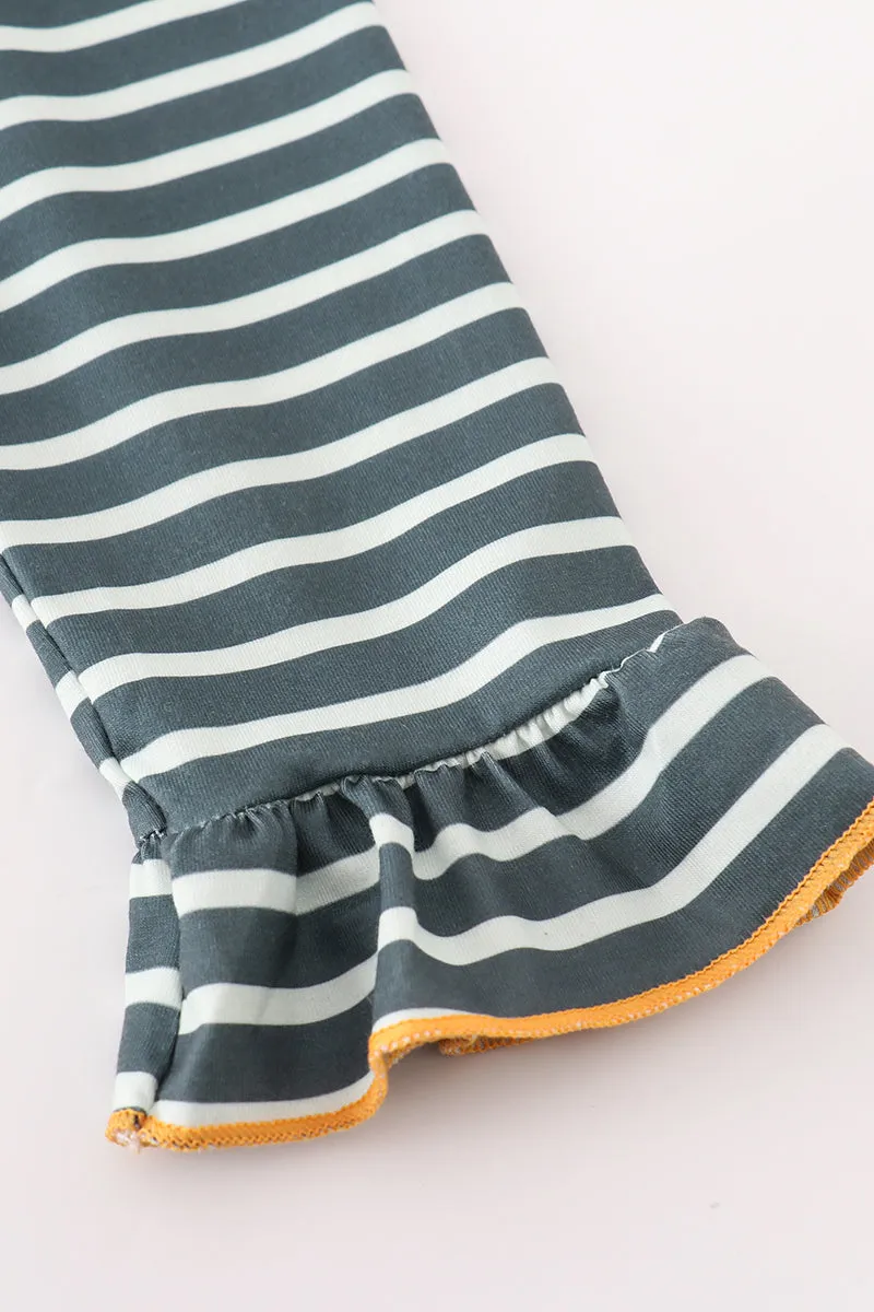 Green Stripe Cow Pumpkin Applique Dress