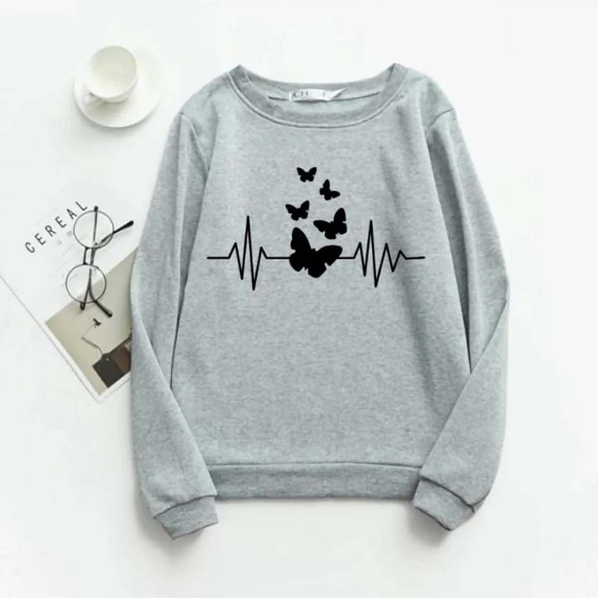 Grey Butterfly Fleece Full Sleeves Sweatshirt For Women
