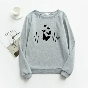 Grey Butterfly Fleece Full Sleeves Sweatshirt For Women