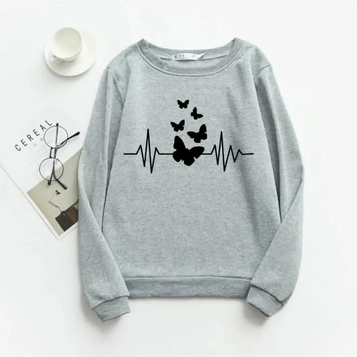 Grey Butterfly Fleece Full Sleeves Sweatshirt For Women