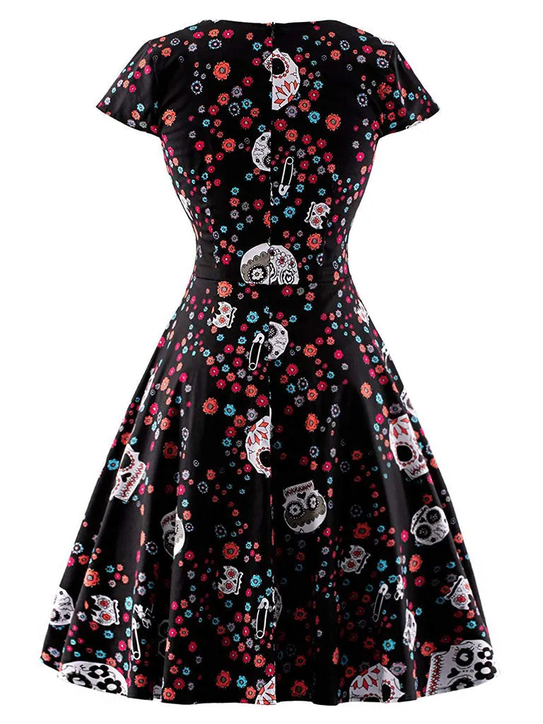 Halloween Red Skull Printed V Neck Vintage Dress