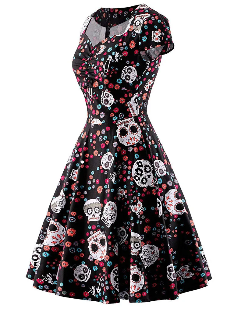 Halloween Red Skull Printed V Neck Vintage Dress