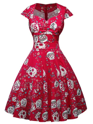 Halloween Red Skull Printed V Neck Vintage Dress