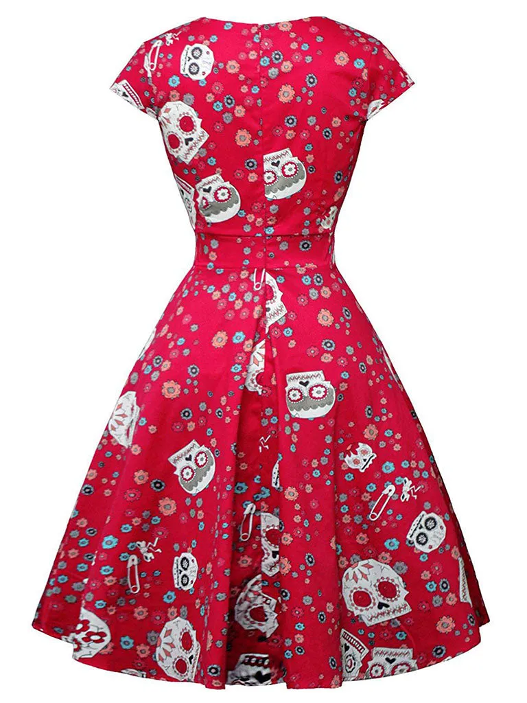 Halloween Red Skull Printed V Neck Vintage Dress