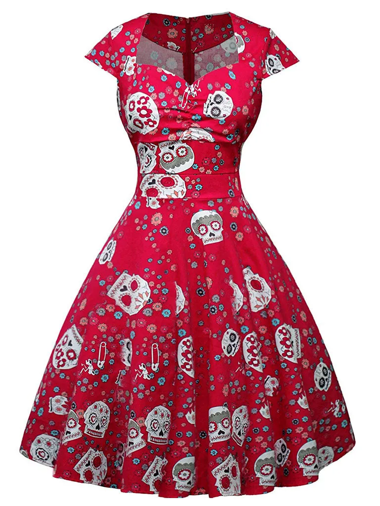 Halloween Red Skull Printed V Neck Vintage Dress