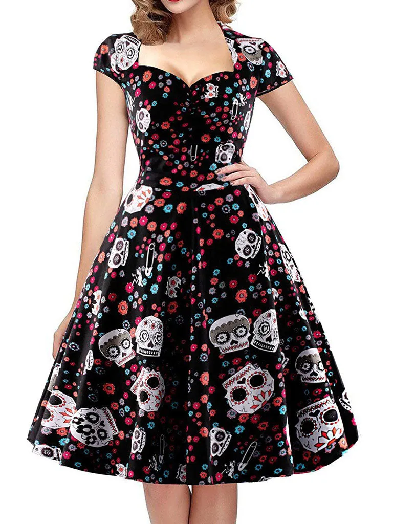 Halloween Red Skull Printed V Neck Vintage Dress