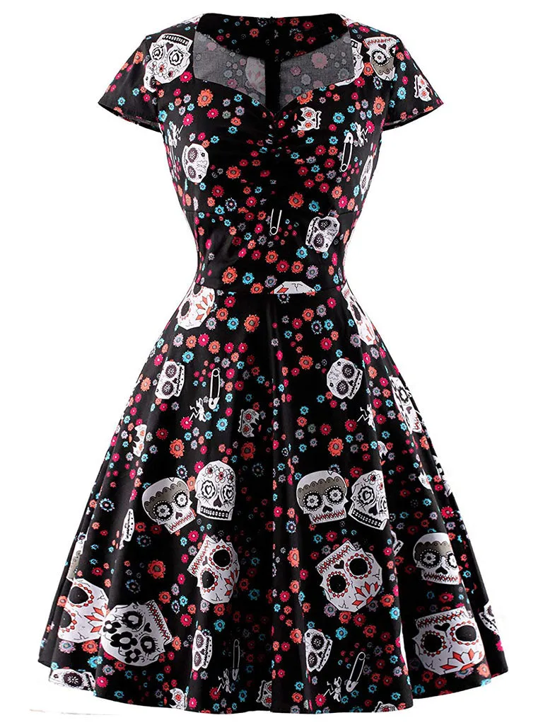 Halloween Red Skull Printed V Neck Vintage Dress