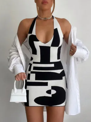 Halter Neck Mini Dress with Geometric Print