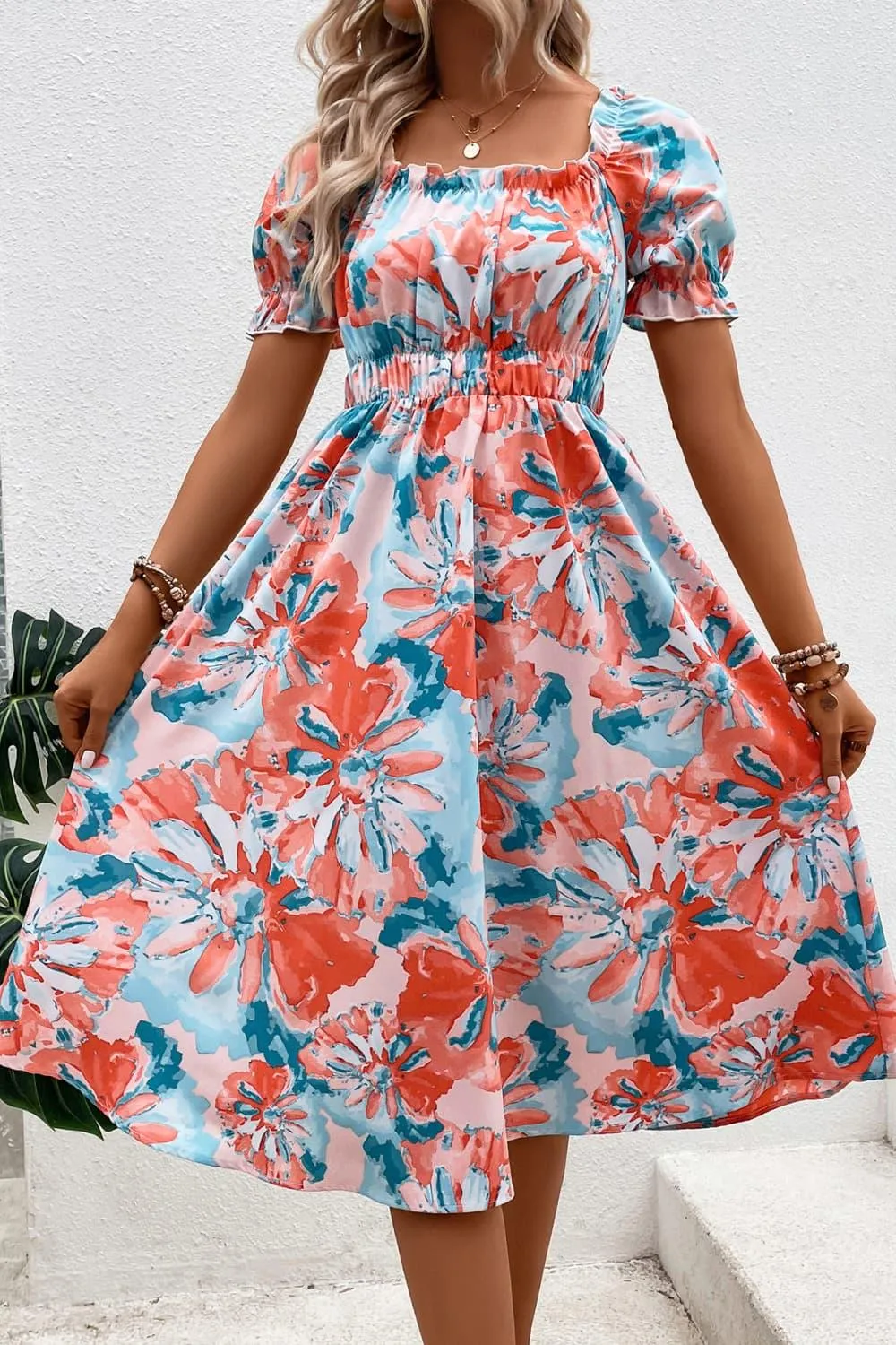 Hazel Blues® |  Floral Frill Trim Square Neck Dress