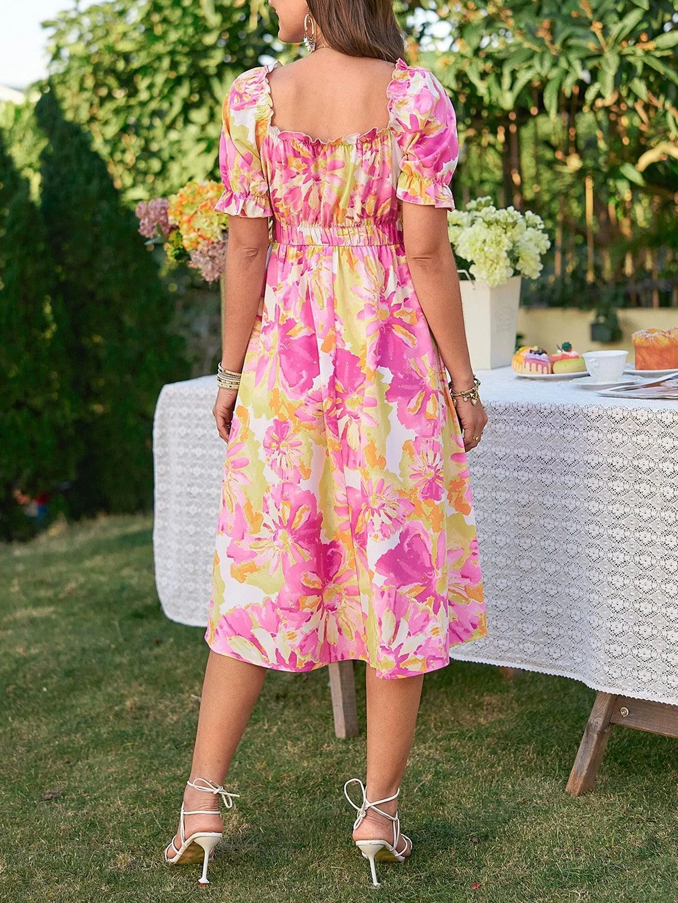Hazel Blues® |  Floral Frill Trim Square Neck Dress