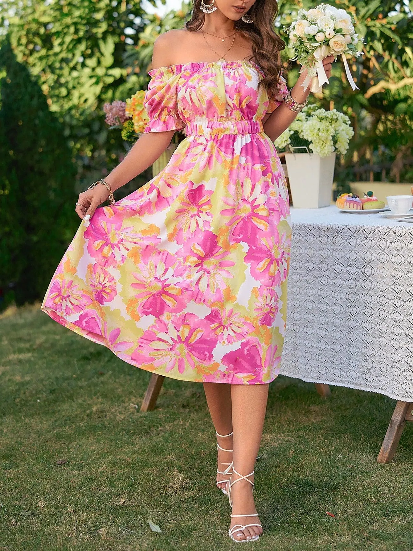 Hazel Blues® |  Floral Frill Trim Square Neck Dress