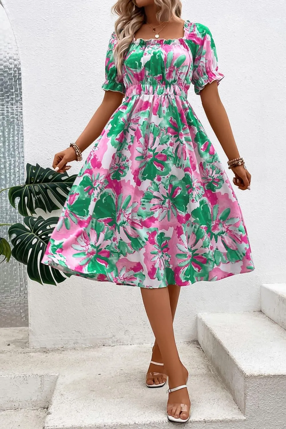 Hazel Blues® |  Floral Frill Trim Square Neck Dress
