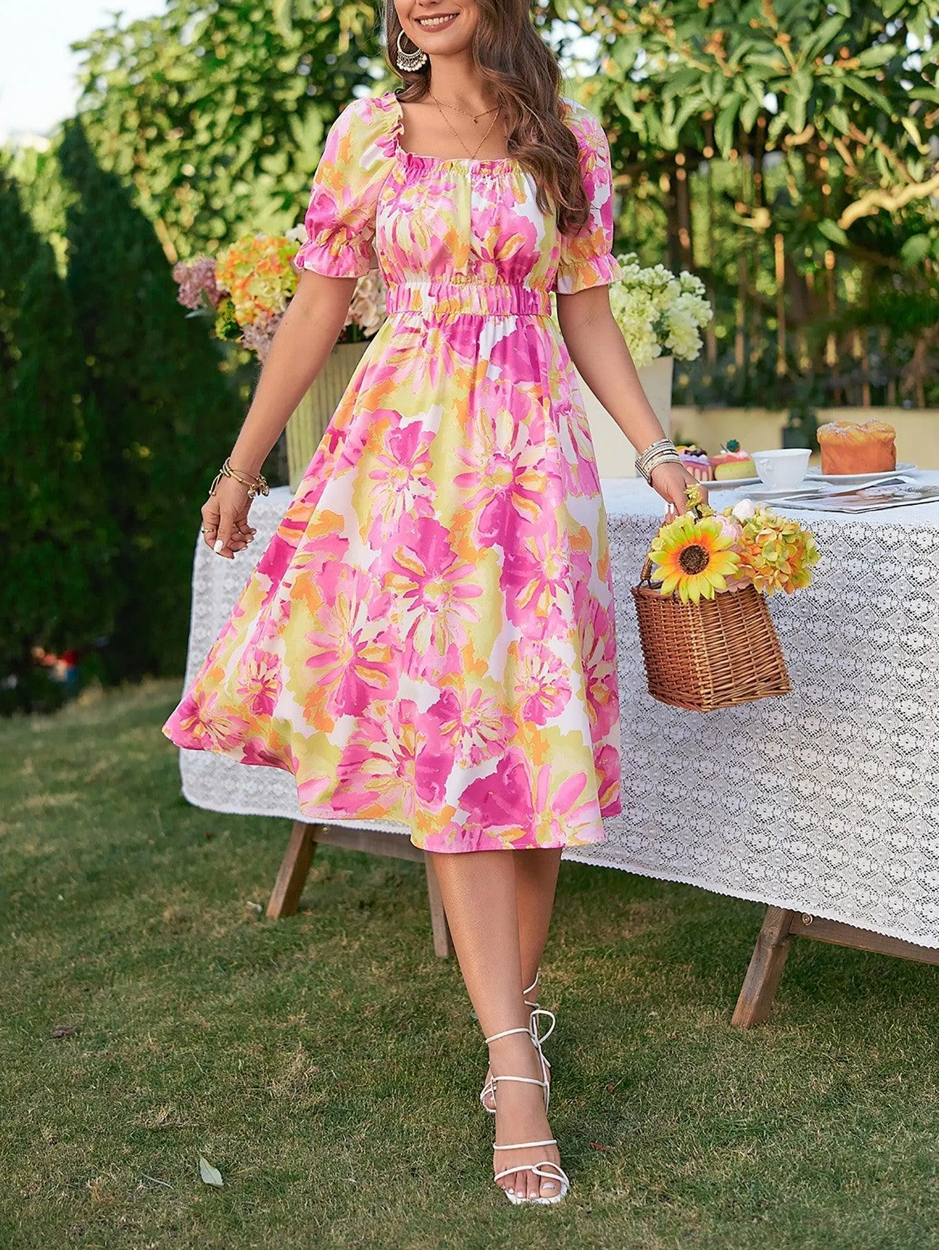Hazel Blues® |  Floral Frill Trim Square Neck Dress