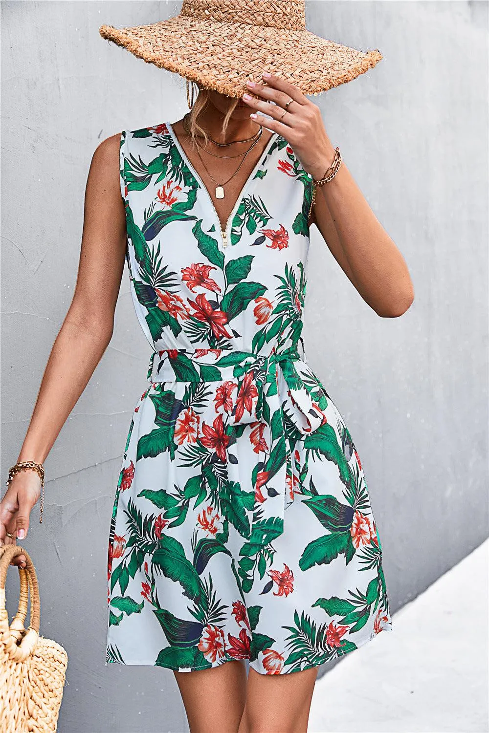 Hazel Blues® | Printed Zip Detail Belted Sleeveless Dress