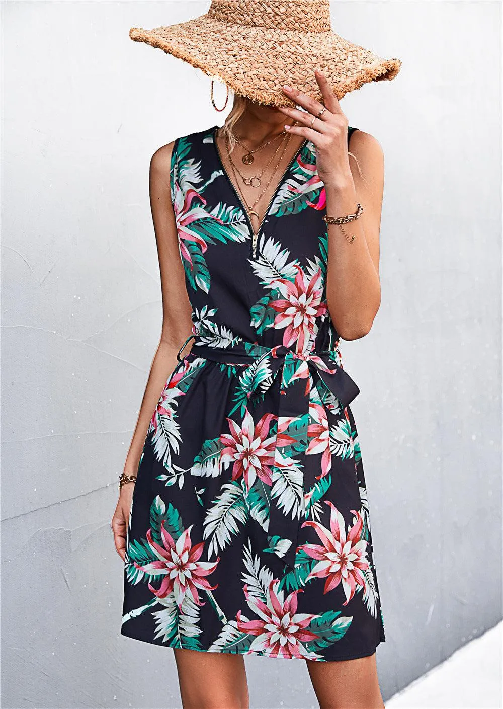 Hazel Blues® | Printed Zip Detail Belted Sleeveless Dress