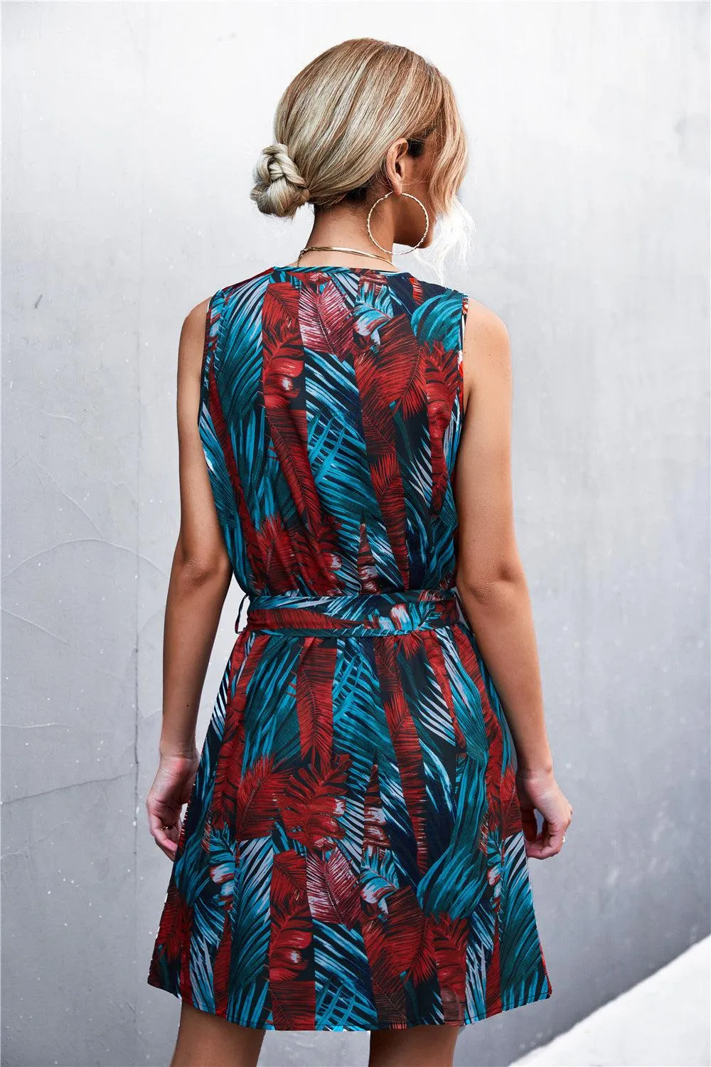 Hazel Blues® | Printed Zip Detail Belted Sleeveless Dress