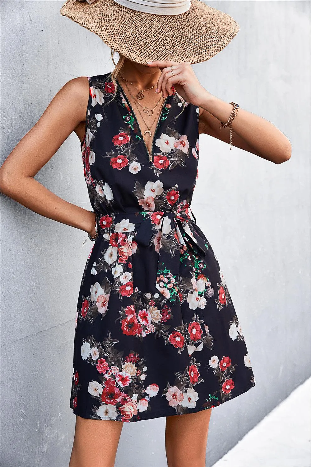 Hazel Blues® | Printed Zip Detail Belted Sleeveless Dress