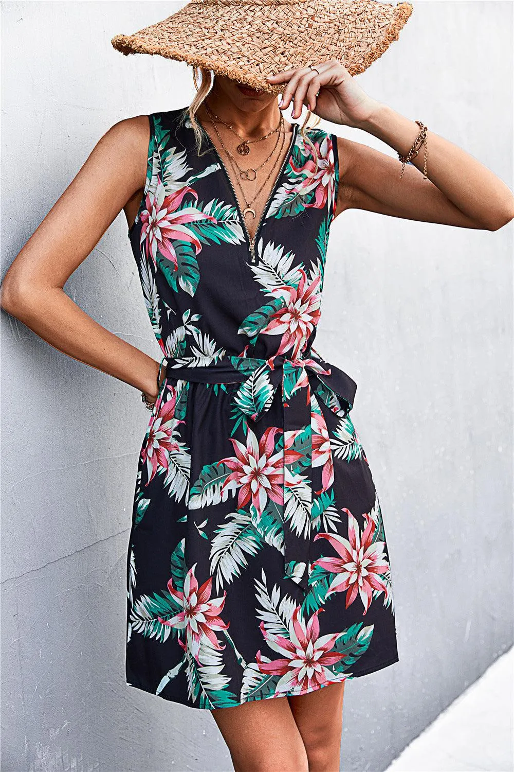 Hazel Blues® | Printed Zip Detail Belted Sleeveless Dress