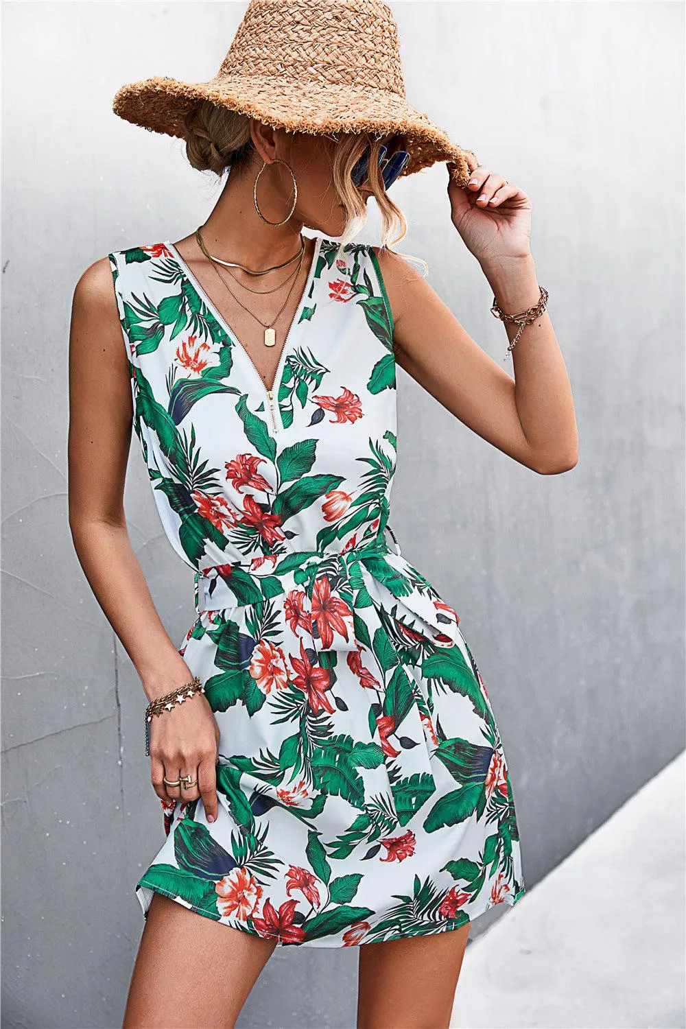 Hazel Blues® | Printed Zip Detail Belted Sleeveless Dress