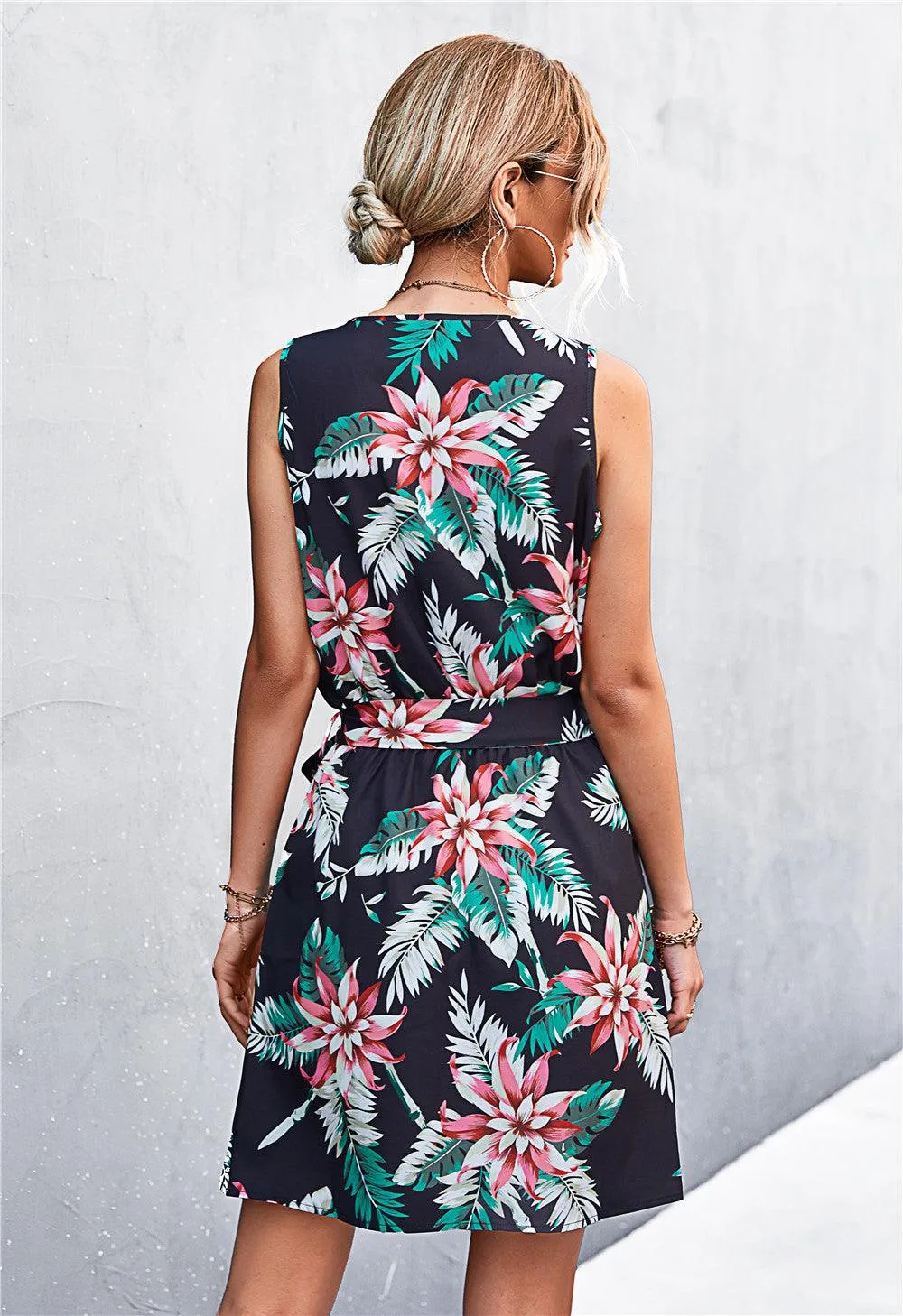 Hazel Blues® | Printed Zip Detail Belted Sleeveless Dress