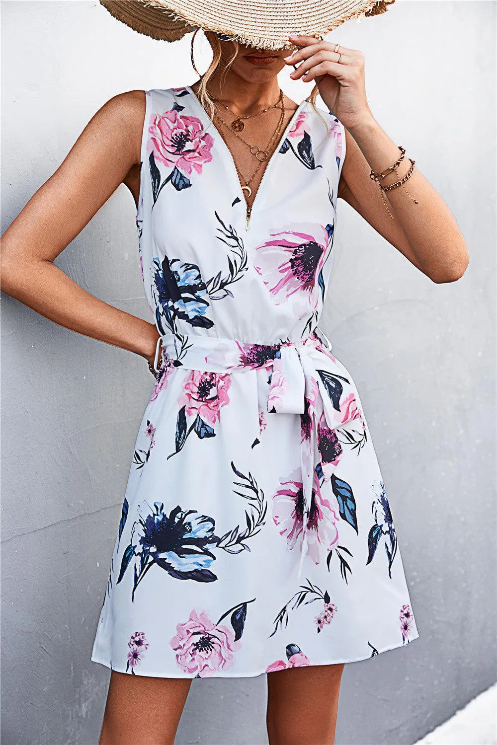 Hazel Blues® | Printed Zip Detail Belted Sleeveless Dress