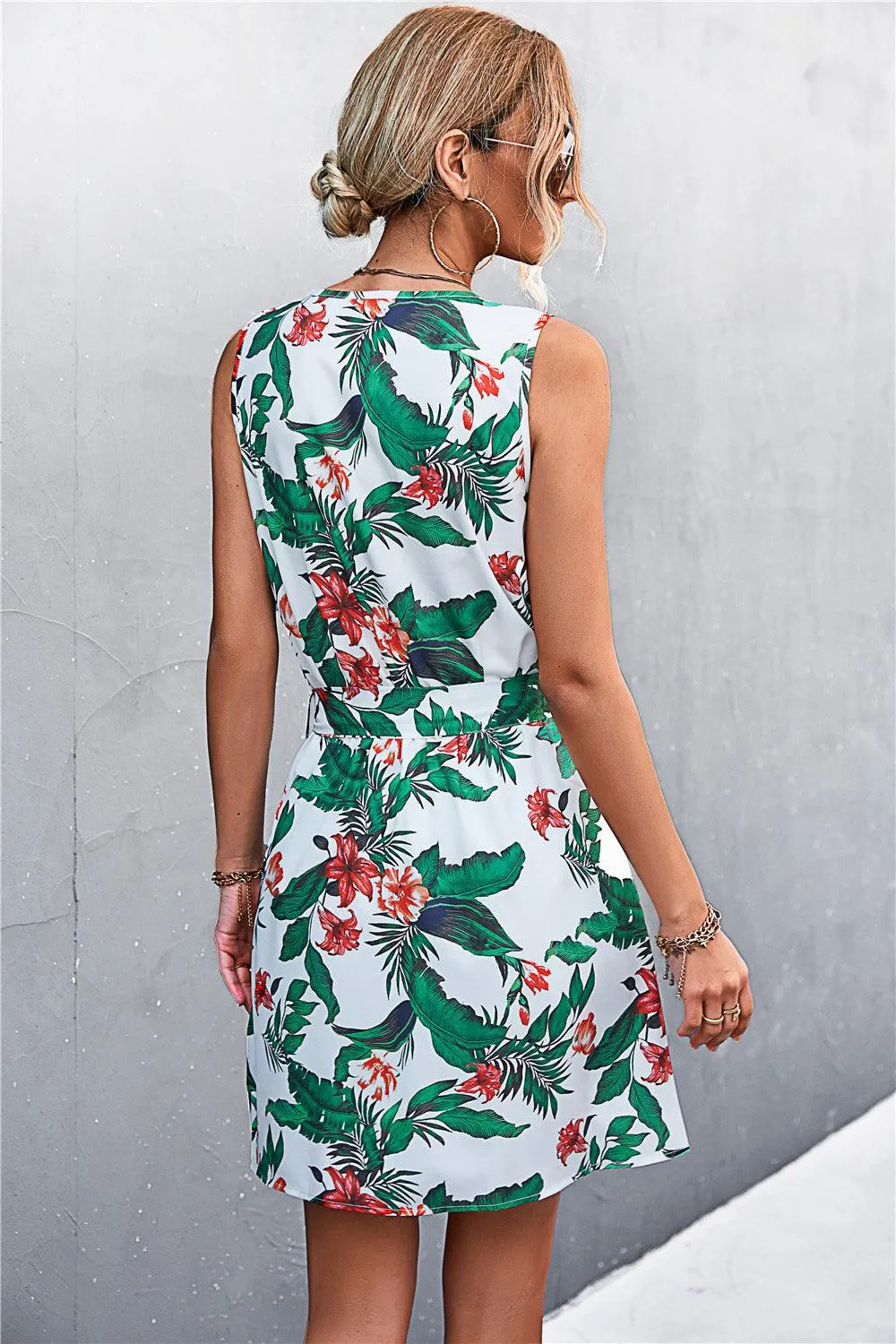 Hazel Blues® | Printed Zip Detail Belted Sleeveless Dress