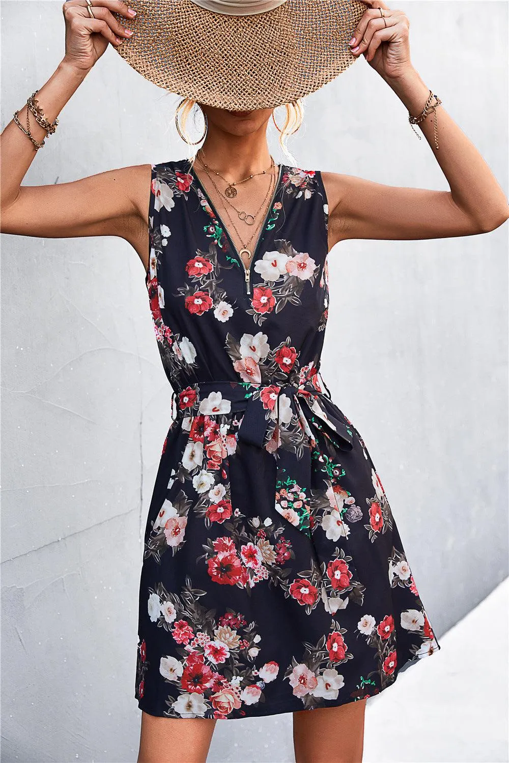 Hazel Blues® | Printed Zip Detail Belted Sleeveless Dress