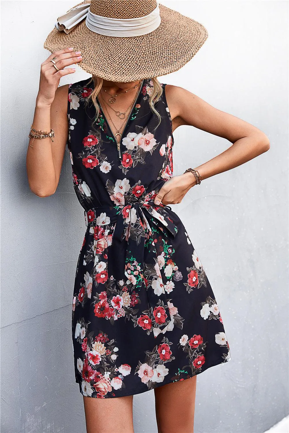Hazel Blues® | Printed Zip Detail Belted Sleeveless Dress